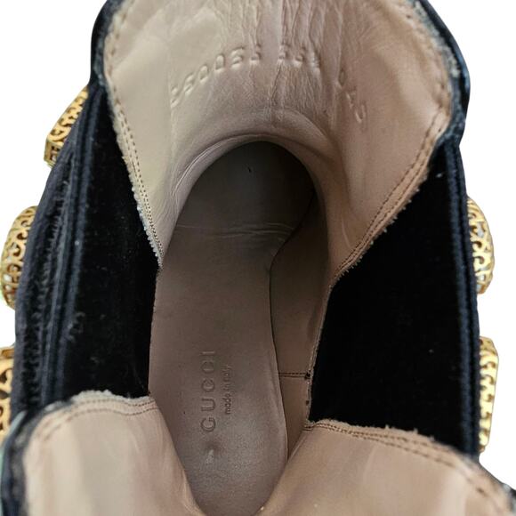 Gucci GG Trip Jewel Chunky Heel Chelsea Boot Size 36.5 US 6.5 Black Leather Gold - Picture 9 of 10